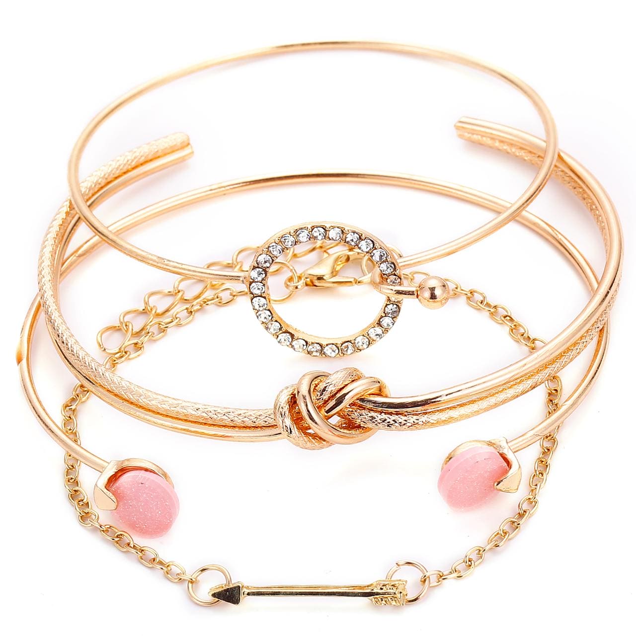 Set Of 4 Crystal Circle Bracelet, Double Knotted Arrow Round Full Drill Open Bracelet, Classic Arrow Knot Round Crystal Gem Bracelet, Multilayer Adjustable Open Bracelet, Chunky Flat Cable Chain Punk Bracelets Set Set Of 4 Crystal Circle Bracelet, Double Knotted Arrow Round Full Drill Open Bracelet, Classic Arrow Knot Round Crystal Gem Bracelet, Multilayer Adjustable Open Bracelet, Chunky Flat Cable Chain Punk Bracelets Set